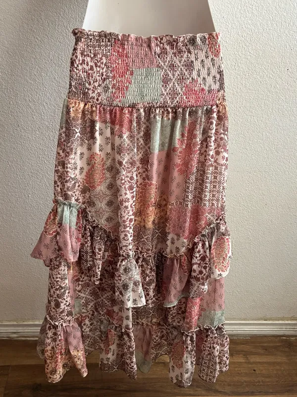 Life Boho Patchwork Ruffle Convertible Dress/Skirt Blush Multi L Pink Size L - Image 9