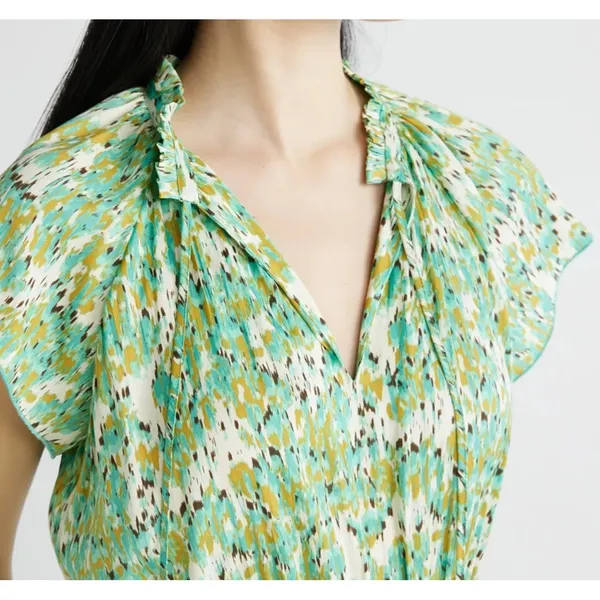 Scoop Womens Dress Sz XS Blurred Ikat Satin Ruffle Mini Cap Sleeve Cottagecore - Image 3