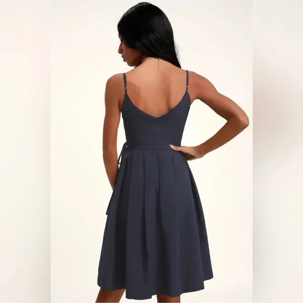 Lulus Thinking About You Navy Blue Pleated Faux Wrap Midi Dress Size Small - Image 3