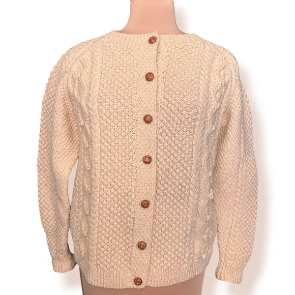 Vintage Aran Fisherman Cable Knit Cardigan Cream Wool Blend Cozy Sweater Classic - Image 3