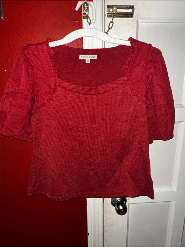 Frye & Co Women Red Ribbed Knit Top Puff Short Sleeve Ruffle Scoop Neck Large - Image 3