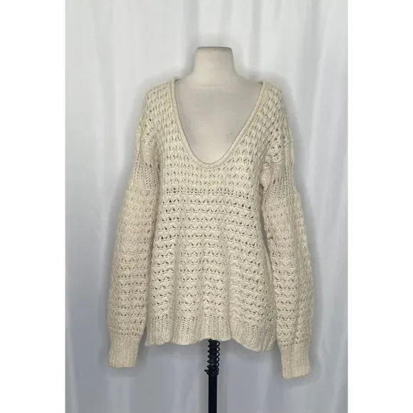 FREE PEOPLE Crashing Waves Scoop Neck Sweater Solid Cream Pullover Knit Small - Image 2
