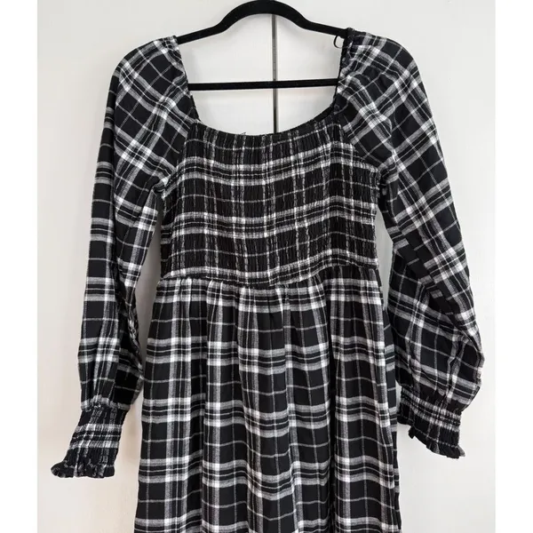 Lucky Brand Black Plaid Smocked Midi Dress‎ Grunge Cottagecore Long Sleeve NWT - Image 3