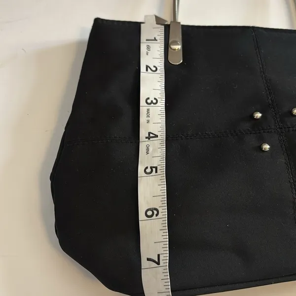 BLACK HANDBAG WITH SILVER METAL HANDLES NYLON MATERIAL 4 SILVER STUD DESIGN - Image 11