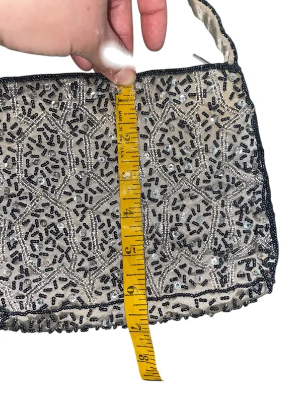 Vintage 90s Hillard& Hansen satin beaded evening bag formal purse prom black tie - Image 8