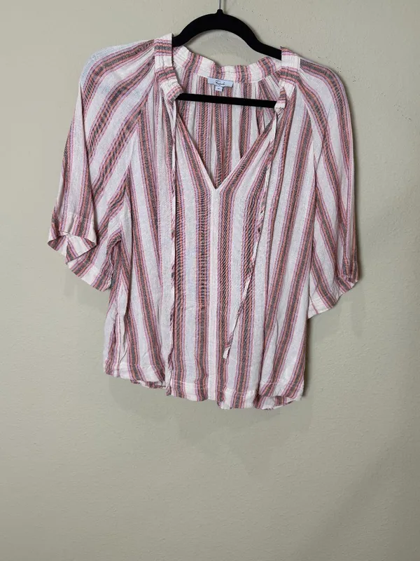 Rails Red Pink Linen Stripe Short Sleeve Blouse Top Size XS - Image 3