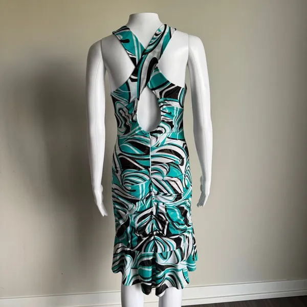 Vitnage Y2K Cache Swirl Print Micro Mesh Shimmer Ruched Dress - Image 5