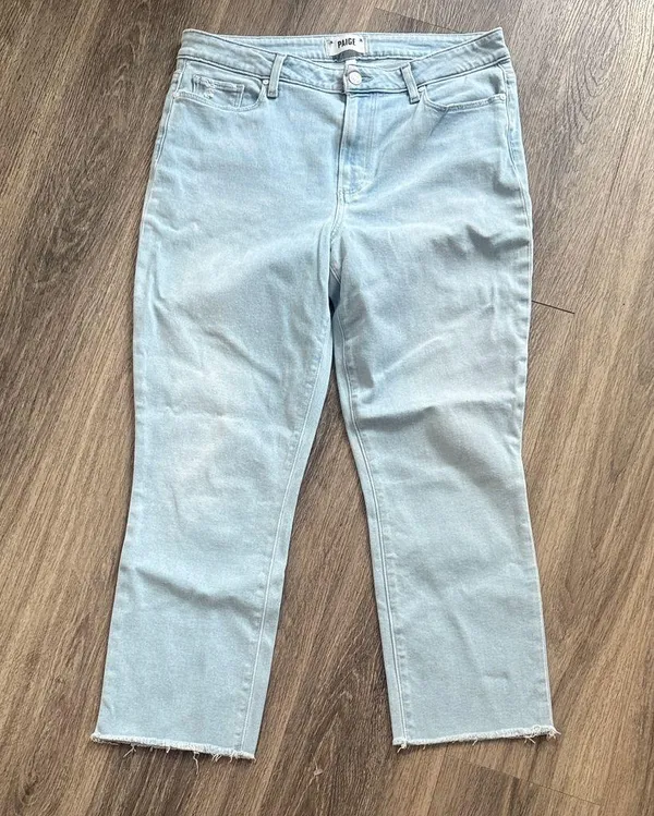 PAIGE Light Wash Ankle Jeans Cindy Crop Denim 31 distressed Raw Hem - Image 2
