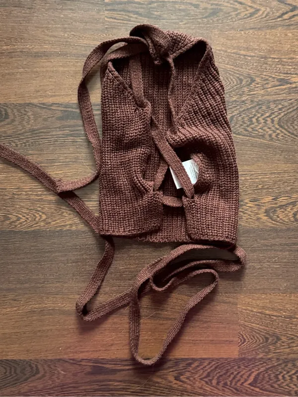Peppermayo Crochet Criss Cross Tie Back Crop Top Brown One Size - Image 2