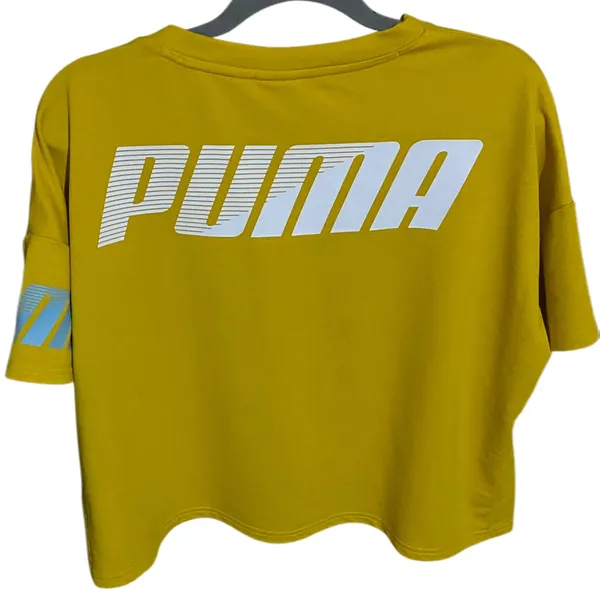 Puma Yellow Cropped Logo Tee with White & Baby Blue Branding NWOT Sz. US XL - Image 2