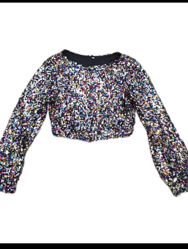 Women Sequin Cropped Top Blouse Size Small Multi Colored Party Christmas Holiday - Image 2