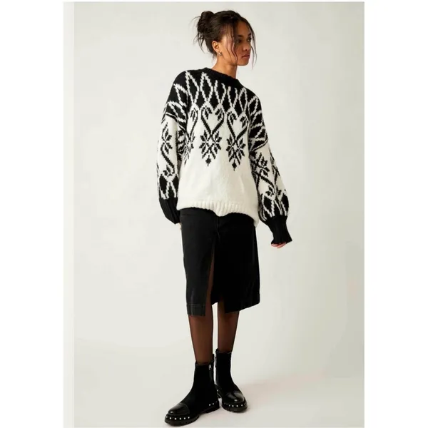 Free People Fireside Patterned Tunic Small Black White Oversized Sweater‎ Hearts - Image 2