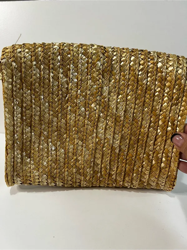 EWC Neutral Gold Raffia Woven Straw Envelope Clutch Boho Vacation Purse - Image 4