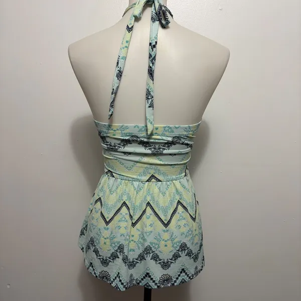 Vanity Halter Top Small Mint Green Geometric Floral Braided Empire Babydoll Boho - Image 5