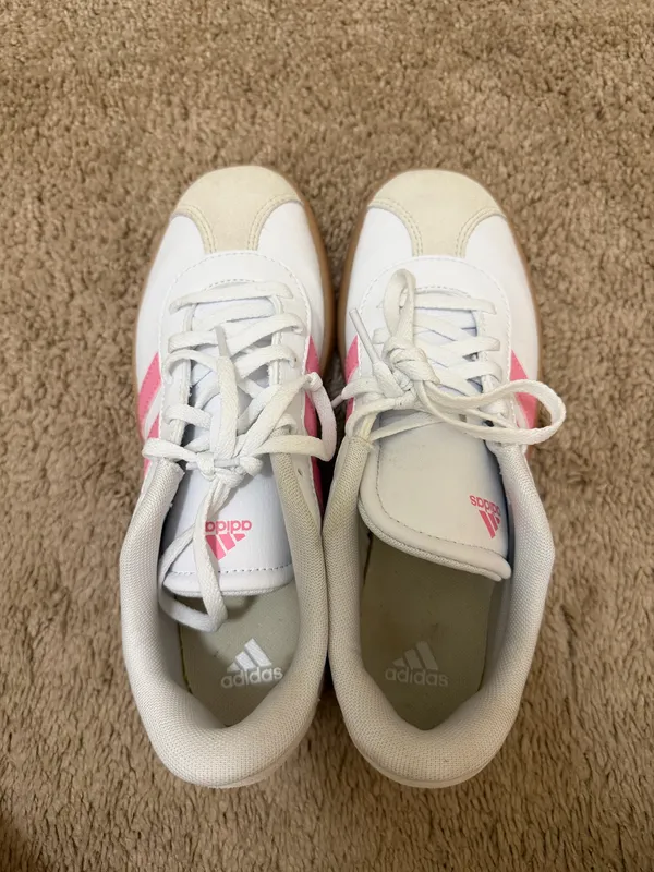 adidas White Sneakers with Pink Stripes and Gum Sole - Image 2