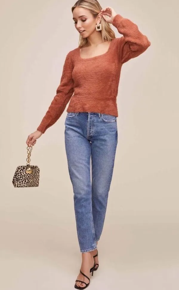 ASTR The Label Square Neck Fuzzy Crop Sweater in Rust - Image 7