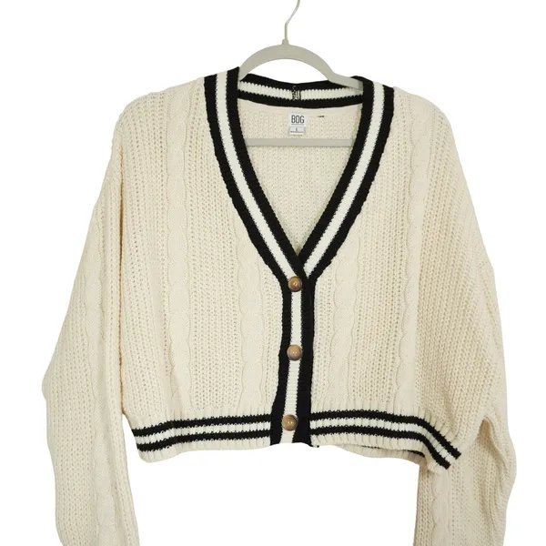 BDG Schoolgirl Ivory Black Varsity Stripe Cropped Cable Knit Cardigan Size Large - Image 2