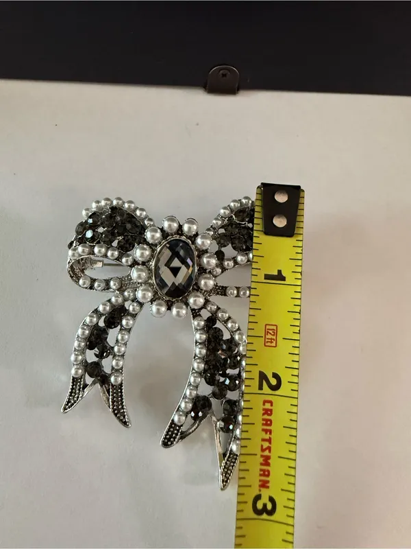 Bow Black Pearl Brooch Pin Pendant Rhinestone Jewelry Fashion - Image 3