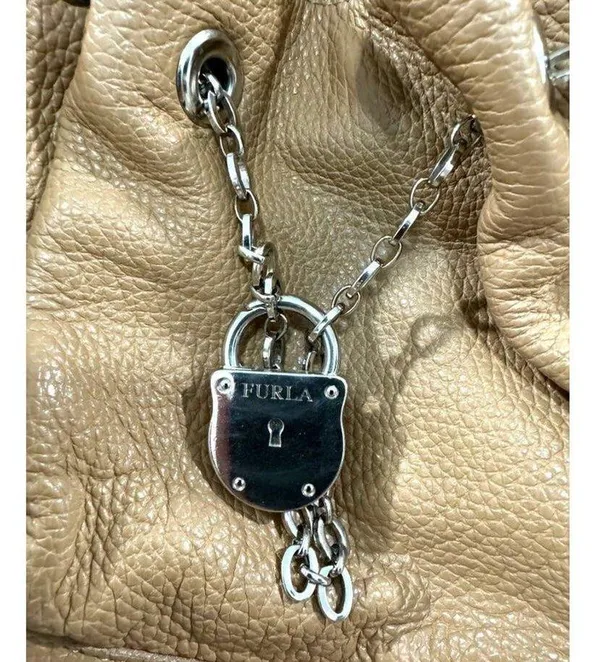 Furla Tan Pebbled Leather Chain Lock Drawstring Satchel Shoulder‎ Bag Y2K Boho - Image 2