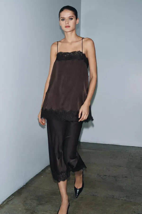 Zara satin Lace-Trim Slip Dress Top in Deep Brown - Image 5