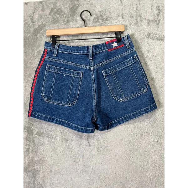 Vintage Y2K BUM Denim‎ Shorts Blue Red Side Trim Tribal Detail Retro 2000s SZ 30 - Image 2