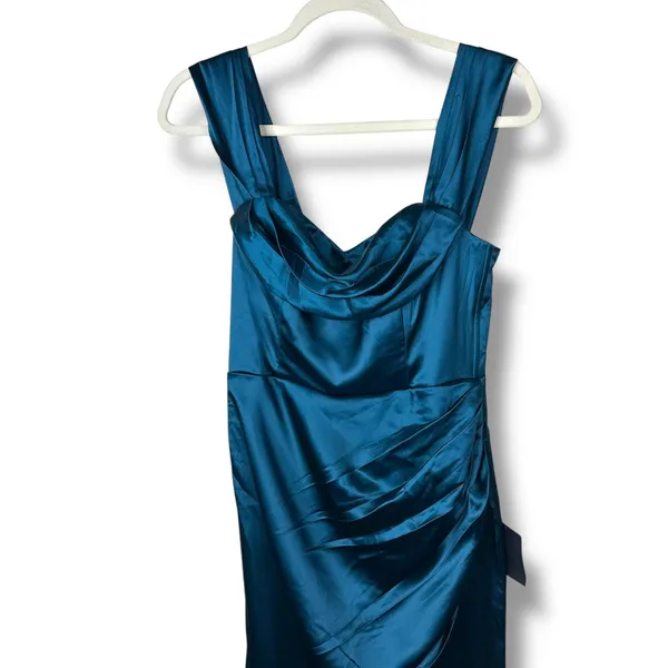 NEW Lulus Stunning Arrival Dark Teal Satin Off-the-Shoulder Maxi Gown Dress - Image 6