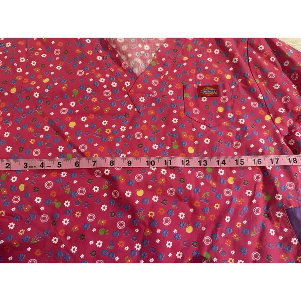 Dickies Scrub Top XS Pink Multicolor Flowers Daisy Cotton Scrubs Nurse Uniform - Image 6