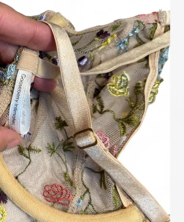 Gooseberry Intimates floral embroidered bralette with yellow, red, and purple flowers on beige mesh #lingerie #embroidered - Image 4