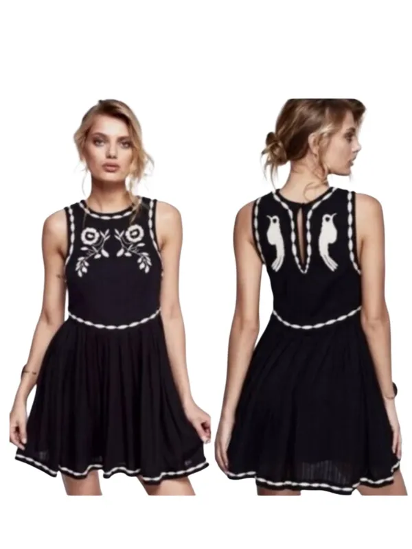 Free People "Birds of a Feather" Embroidered Mini Dress in black Size 0 - Image 2