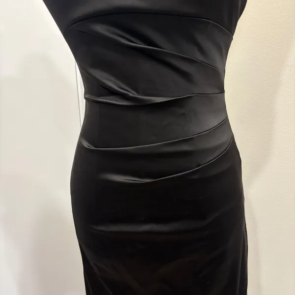 VTG Y2K Cache Black Satin Halter Ruched Bodycon Cocktail Wiggle Dress Pinup Sz 2 - Image 4