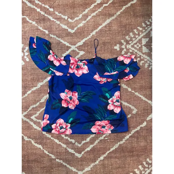 Banana Republic Tropical Blue Floral Cold Shoulder Flutter Sleeve Blouse Top XL - Image 8