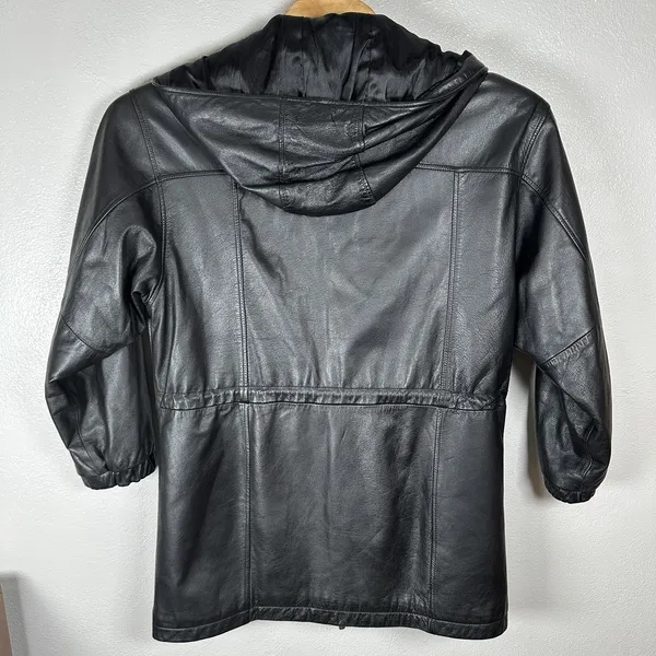 Wilsons‎ Leather Black Long Full-Zip Hooded Jacket Womens Size Large Cinch Waist - Image 6