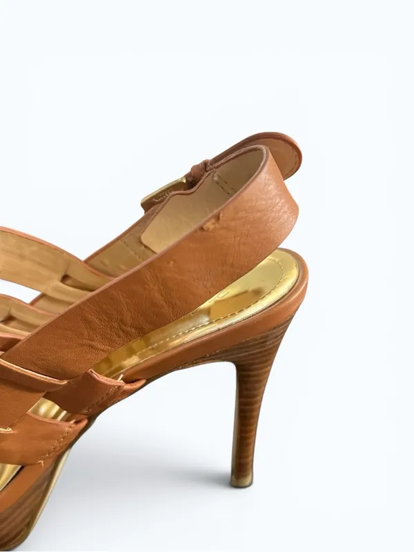 Marc Fisher Brown Leather Strappy Woven Platform Sandals Chunky Heel Sz 6.5 - Image 4