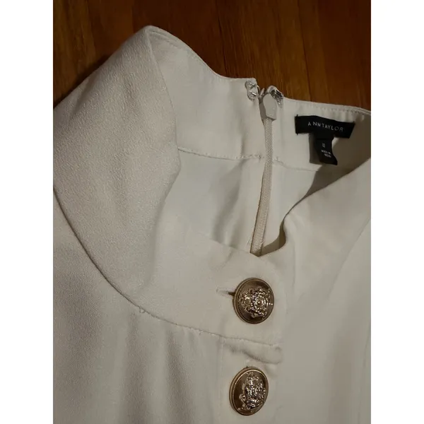 Ann Taylor Womens 12 Cream Crepe Mock Neck‎ Gold Button Belted Puff Sleeve Dress - Image 7