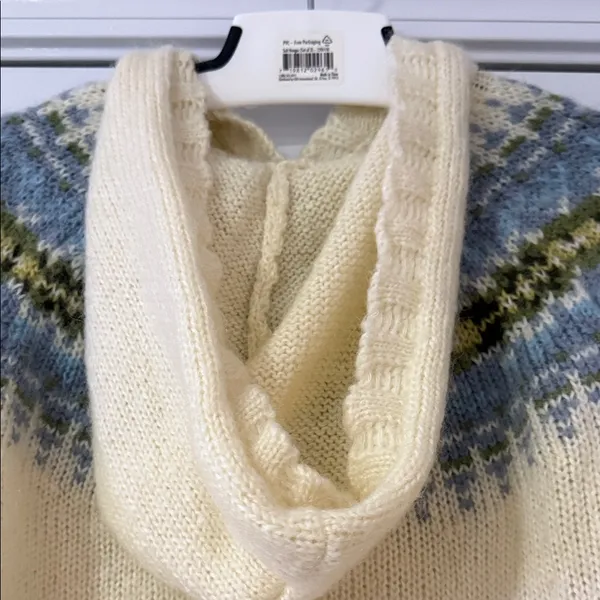 Eddie Bauer Sweater sz M Wool Mohair Blend Hooded Nordic Fair Isle ivory blue - Image 7