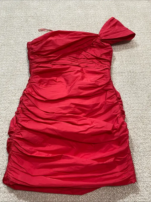 Zara Bright Red One-Shoulder Ruched Mini Dress Size S - Image 3