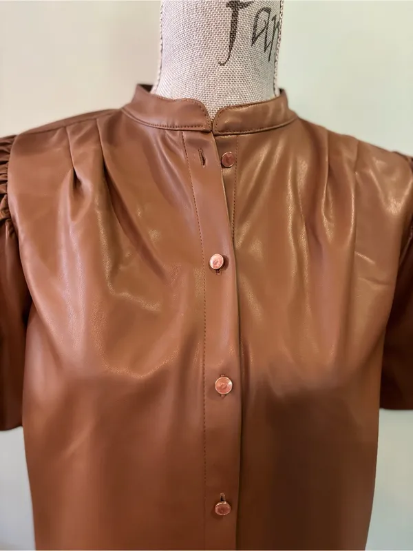 Industry Republic Clothing Brown Faux Leather Puff Sleeve Button-Down Top - Image 3