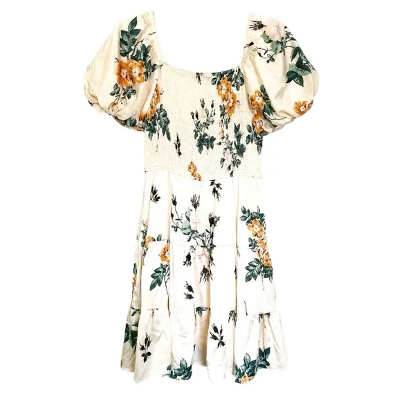 Hayden Los Angeles Cream Floral Puff Sleeve Tiered Mini Dress Pockets Size Small - Image 2