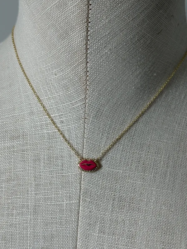 Kendra Scott Gold Chain Necklace Hot Pink Lip Enamel Pendant New - Image 3