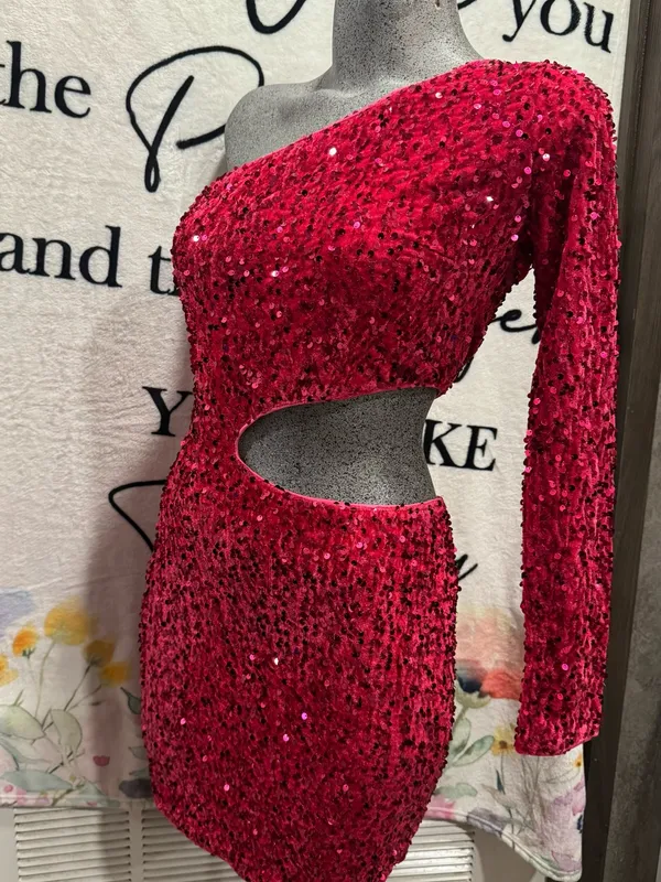 Sexy Sequined Off Shoulder Party Mini Dress Pink Size XS - Image 5