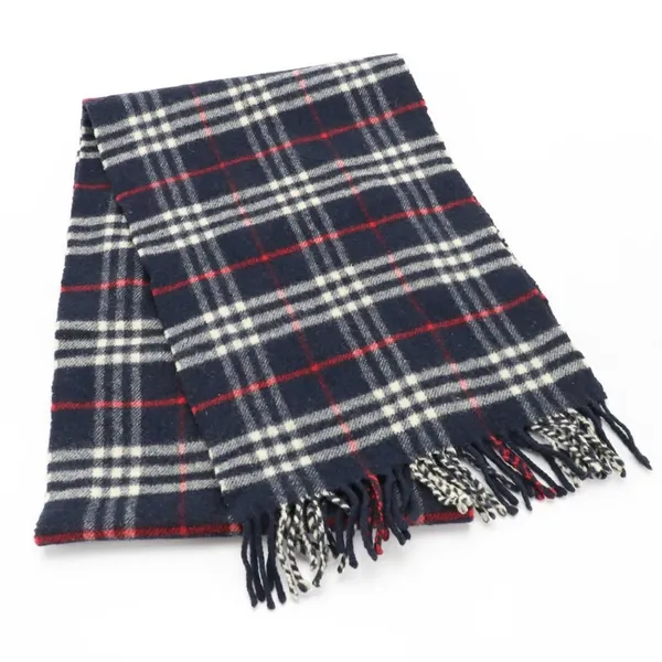 Vintage Burberry House Check Blue, Red & White Lambswool Plaid Scarf - Image 2