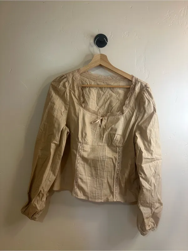 Shein Lace-Trim Cotton Khaki Blouse - Elegant Square Neck Top Large NWT - Image 4