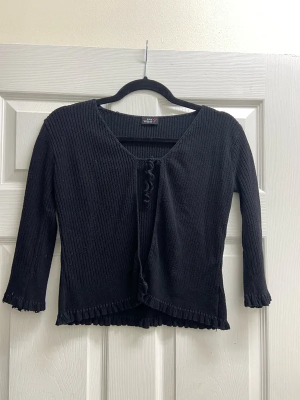 SAY WHAT? Black Ribbed hTie Front Ruffled Cardigan Top - Image 2