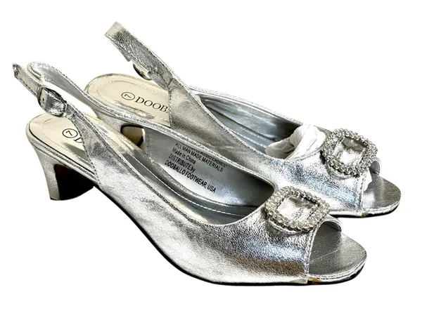 Dooabllo Women’s Vintage Style Silver Peep- Toe Rhinestone Slingback Heels - Image 2