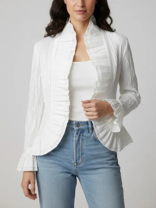 Sorava Golyari White Crinkle Taffeta Ruffle Open Front Jacket Size Small NWT - Image 2