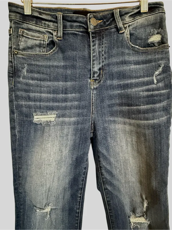 Risen Jeans Women’s 9/29 Mid Rise Distressed Bootcut Jeans Raw Hem Stretch Denim - Image 2