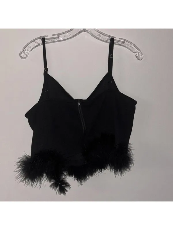 Black Spaghetti Strap Crop Top Boa Fur Trim Holiday Party Club Festival - Image 4