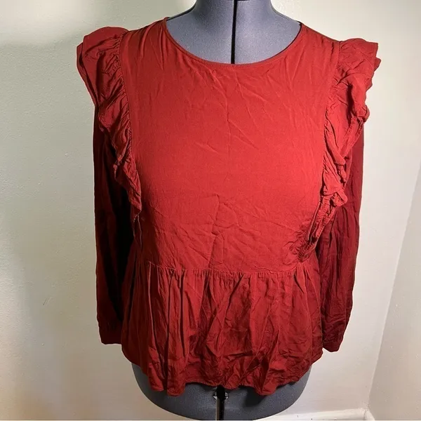 Loft Women's Size Large Wild Currant Ruffle-Sleeve Peplum Top Burnt‎ Red Orange - Image 2