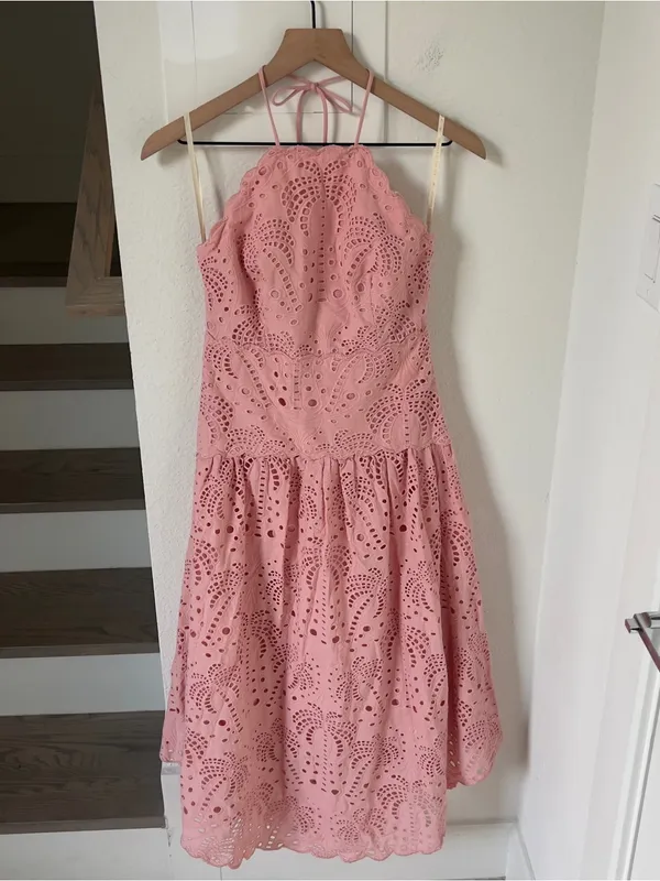 Farm Rio Blush Pink Palm Tree Eyelet Midi Dress in Pink - Image 4