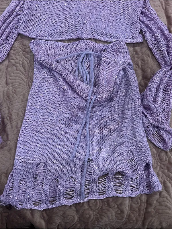 Handmade Lavender Knit three- Piece Crop Top & Skirt Set - Women Intimates & Sleepwear - Image 2